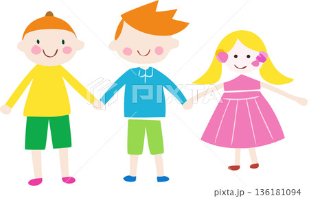 Naive children's drawing of family and animals with colored chalk on white paper 136181094