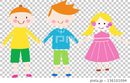 Naive children's drawing of family and animals with colored chalk on white paper 136181094