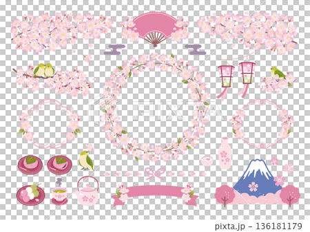 日式相框及裝飾插畫套裝，描繪了夜晚的櫻花 136181179