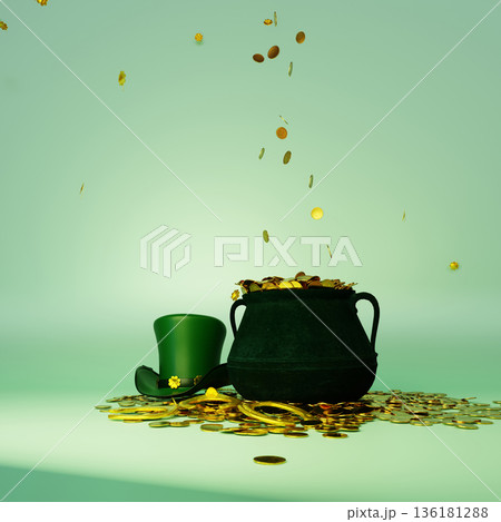 St Patricks Day Pot And Gold Background, 3D illustration Background for advertising and wallpaper in religions and festivals scene. 3D rendering in decorative concept. 136181288