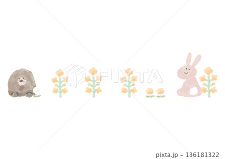 幼稚園・保育園向け 4月のやさしい水彩挿絵イラストシリーズ｜春の野原ライン（モグラ＋花＋ウサギ） 136181322