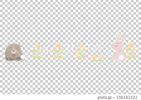 幼稚園・保育園向け 4月のやさしい水彩挿絵イラストシリーズ｜春の野原ライン（モグラ＋花＋ウサギ） 136181322