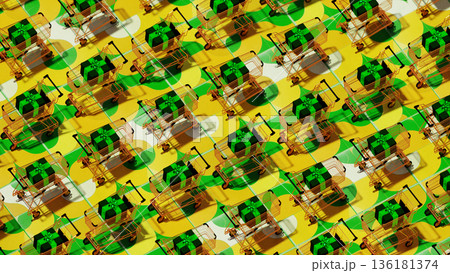 Shopping Cart Seamless Pattern, modern vector style 3D illustration showing repeated cart icons with soft tones, perfect for e commerce ads, packaging, and promotional visuals. 136181374