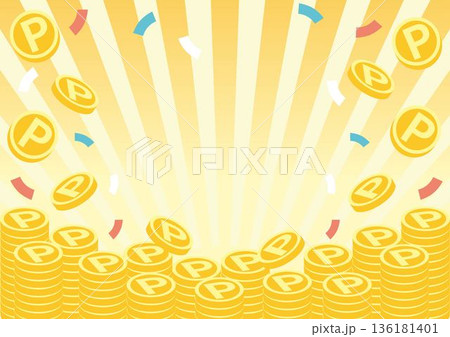 積み上げられた金貨とコインのイラスト。ビジネス、金融、資産運用のイメージ素材 136181401