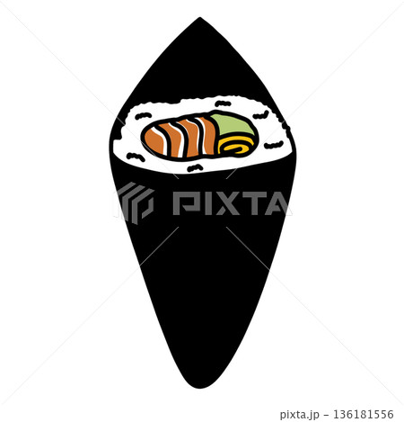 illustration of cute temaki sushi seaweed cone-shaped rice rolls cartoon 136181556