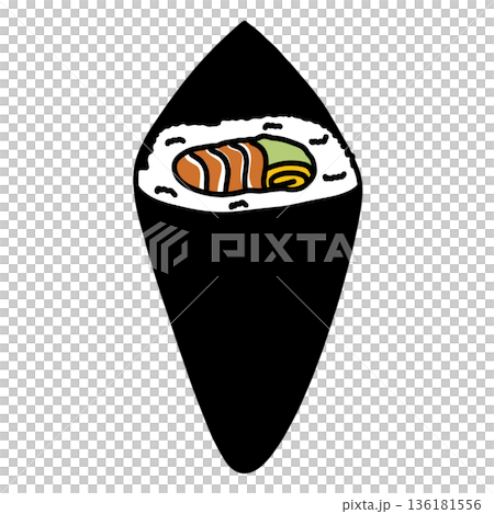 illustration of cute temaki sushi seaweed cone-shaped rice rolls cartoon 136181556