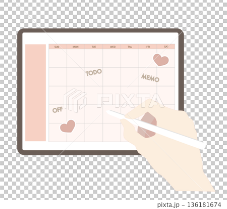 タブレットでカレンダーにペン入力するデジタルプランナーのモックアップ 136181674
