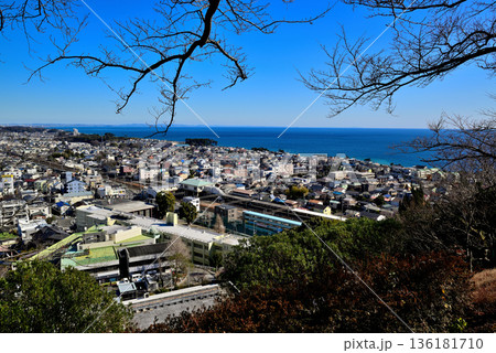 吾妻山公園高台から見るJR二宮駅付近と相模湾の風景 136181710