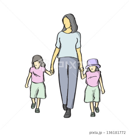 mother walking with her two children illustration vector sketch with black lines mother walking with her two children illustration vector sketch with black lines 136181772