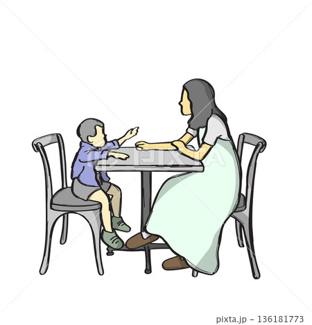 Mother and son talking at a table illustration vector sketch with black lines 136181773