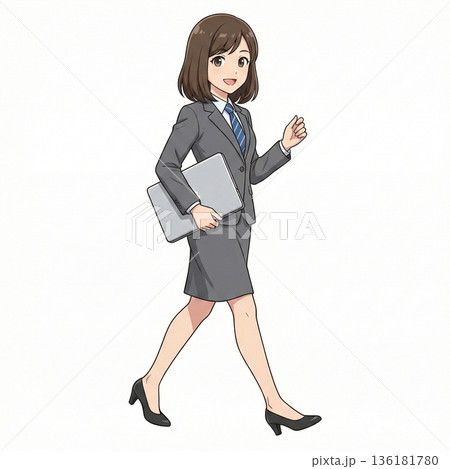 パソコンを持って歩く若いビジネスウーマン　イラスト 136181780