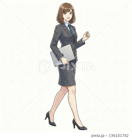 パソコンを持って歩く若いビジネスウーマン　イラスト 136181782