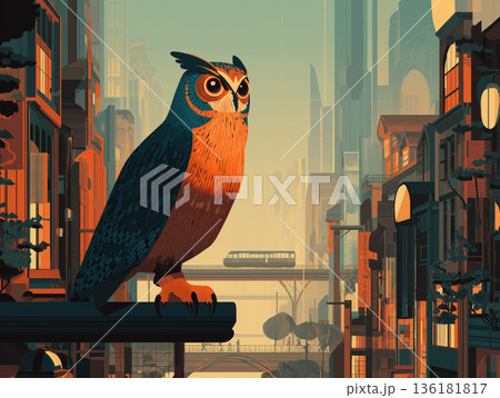 Futuristic owl illustration cyberpunk city giant bird urban landscape orange teal digital art surreal scene science fiction Futuristic owl illustration cyberpunk city giant bird urban landscape orange teal digital art surreal scene science fiction 136181817