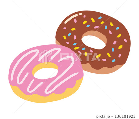 チョコレートといちごチョコドーナツの手描きイラスト 136181923