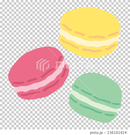 カラフルなマカロン（ピンク・緑・黄色）の手描きイラスト 136181924