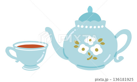 ティーポットとティーカップのかわいい手描きイラスト 136181925