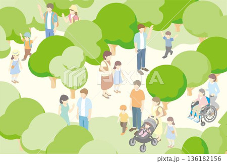 春夏の公園の風景イラスト。アイソメトリックな街並みと憩う人々の背景素材 136182156