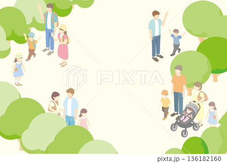 春夏の公園の風景イラスト。アイソメトリックな街並みと憩う人々の背景素材 136182160