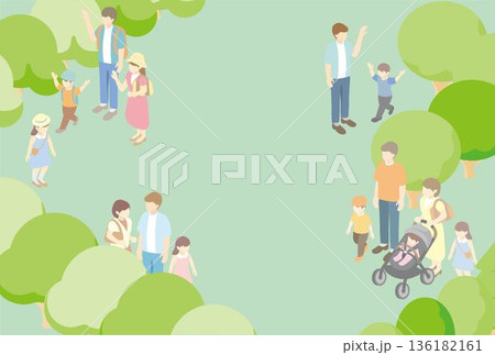 春夏の公園の風景イラスト。アイソメトリックな街並みと憩う人々の背景素材 136182161