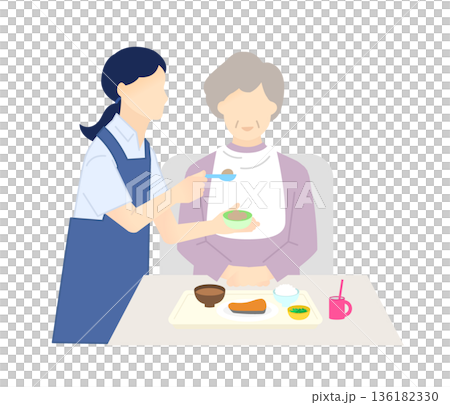 一張護理員幫助老人用餐的向量插圖。 一張護理員幫助老人用餐的向量插圖。 136182330