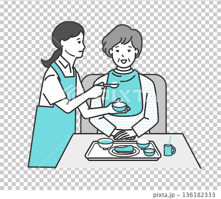 一張護理員幫助老人用餐的向量插圖。 136182333