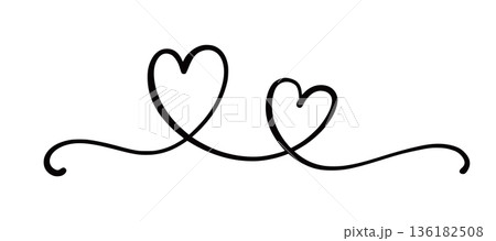 Heart love line swirl set. Love heart swirl calligraphy hand drawn icon shape wedding graphic element. Hand drawn flourish ribbon elegant ornament, calligraphic text border. Vector 136182508