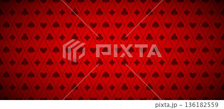 Dark red playing cards pattern background. Retro poker or casino table theme wallpaper. Deep red vintage spades, hearts, diamonds, clubs symbols backdrop. Vegas gambling concept texture. Vector Dark red playing cards pattern background. Retro poker or casino table theme wallpaper. Deep red vintage spades, hearts, diamonds, clubs symbols backdrop. Vegas gambling concept texture. Vector 136182559