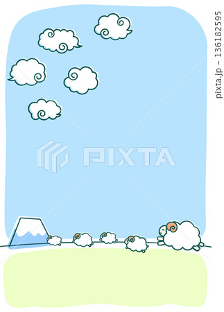 ほのぼのした未年年賀状用の文字なし素材 富士山と雲の背景に笑顔でジャンプする羊の家族のイラスト ほのぼのした未年年賀状用の文字なし素材 富士山と雲の背景に笑顔でジャンプする羊の家族のイラスト 136182595