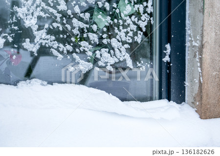 Snow Covered Window With Frost And Indoor Plants During Winter Snow Covered Window With Frost And Indoor Plants During Winter 136182626