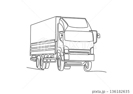 Continuous one line drawing medium duty commercial box truck. Regional freight transport, warehouse distribution logistic, and local cargo delivery. Single line draw design vector graphic illustration 136182635