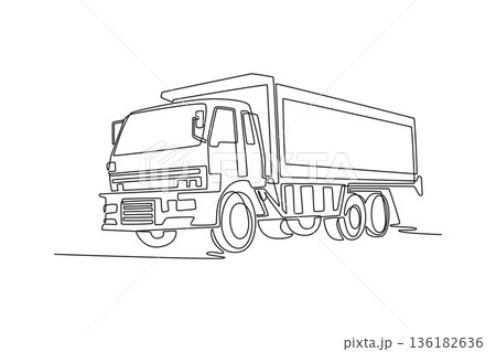 Continuous one line drawing multi-axle tipper dump truck. Massive bulk material transport construction projects and industrial earthmoving services. Single line draw design vector graphic illustration 136182636