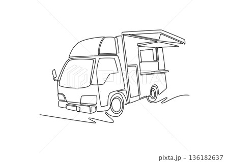 Continuous one line drawing mobile catering truck with open service awning. Gourmet street food, event hospitality, and commercial mobile vending. Single line draw design vector graphic illustration Continuous one line drawing mobile catering truck with open service awning. Gourmet street food, event hospitality, and commercial mobile vending. Single line draw design vector graphic illustration 136182637
