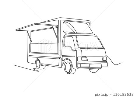 Continuous one line drawing mobile food truck with an open service window. Street food culture, retail business, and commercial catering logistics. Single line draw design vector graphic illustration Continuous one line drawing mobile food truck with an open service window. Street food culture, retail business, and commercial catering logistics. Single line draw design vector graphic illustration 136182638