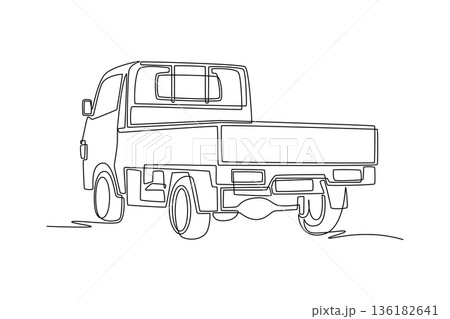 Continuous one line drawing light flatbed truck from a rear view. Commercial utility transport, local cargo delivery logistics, freight haulage services. Single line design vector graphic illustration Continuous one line drawing light flatbed truck from a rear view. Commercial utility transport, local cargo delivery logistics, freight haulage services. Single line design vector graphic illustration 136182641