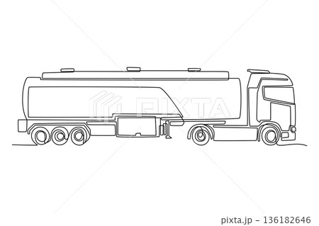 Single continuous line drawing side view of long distance tanker truck. Professional and efficient chemical supply, energy transport, fuel logistics. One line draw graphic design vector illustration 136182646