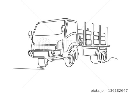 Single continuous line drawing flatbed stake truck used for commercial cargo delivery. Industrial transport logistics and professional freight haulage. One line draw graphic design vector illustration 136182647