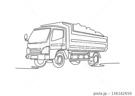 Single continuous line drawing medium-sized dump truck filled with material. Construction-themed icon, industrial branding, logistic editorial content. One line draw graphic design vector illustration Single continuous line drawing medium-sized dump truck filled with material. Construction-themed icon, industrial branding, logistic editorial content. One line draw graphic design vector illustration 136182650