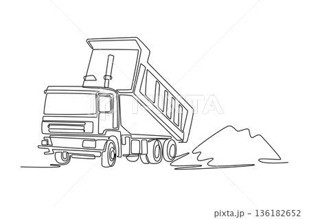 Single one line drawing industrial tipper dump truck unloading sand at a construction site. Heavy machinery work and civil engineering projects. Continuous line draw design graphic vector illustration 136182652