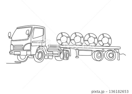 Single one line drawing medium-duty flatbed truck loaded with four large industrial cable reels or spools. Supply delivery and freight logistic. Continuous line draw design graphic vector illustration Single one line drawing medium-duty flatbed truck loaded with four large industrial cable reels or spools. Supply delivery and freight logistic. Continuous line draw design graphic vector illustration 136182653
