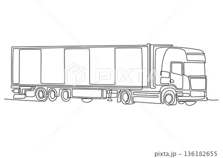 Single one line drawing long haul commercial freight truck with enclosed cargo trailer. Modern logistics, road transport, supply chain distribution. Continuous line design graphic vector illustration 136182655