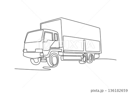 Continuous one line drawing heavy duty box truck. High capacity commercial freight transport, urban cargo delivery logistics, and shipping services. Single line draw design vector graphic illustration Continuous one line drawing heavy duty box truck. High capacity commercial freight transport, urban cargo delivery logistics, and shipping services. Single line draw design vector graphic illustration 136182659