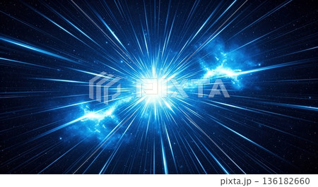 青い光の放射と宇宙ワープの抽象背景素材 高速通信やテクノロジーのイメージ 集中線 ブルーグラフィック 136182660