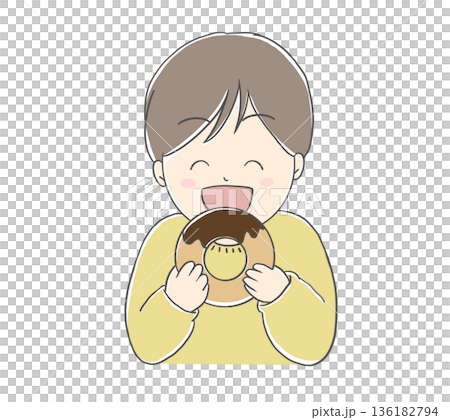 一個笑容燦爛的男孩正在吃甜甜圈。 136182794