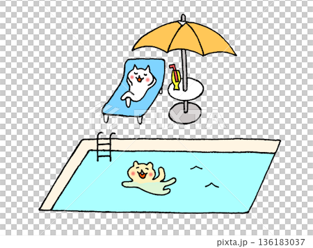 Illustration of a pool and cute animals by the pool Illustration of a pool and cute animals by the pool 136183037