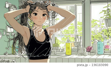 朝支度：洗面所で髪をまとめている若い女性