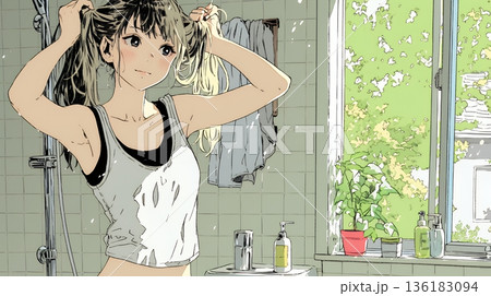 朝支度：洗面所で髪をまとめている若い女性