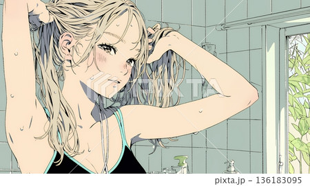 朝支度：洗面所で髪をまとめている若い女性