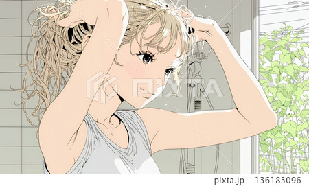 朝支度：洗面所で髪をまとめている若い女性