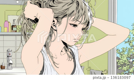 朝支度：洗面所で髪をまとめている若い女性