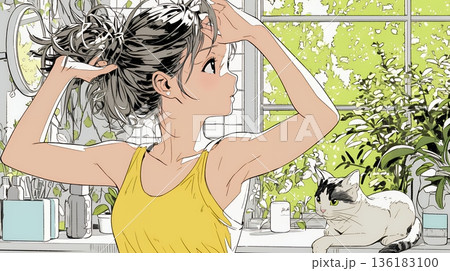 朝支度：洗面所で髪をまとめている若い女性